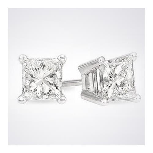 3 Carats Princess Cut Real Diamond Stud Earring Solid White Gold 14K