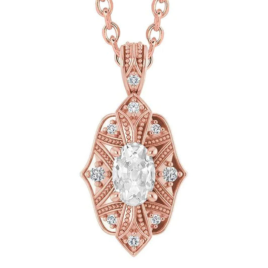 3 Carats Round & Oval Old Mine Genuine Diamond Pendant With Chain Rose Gold