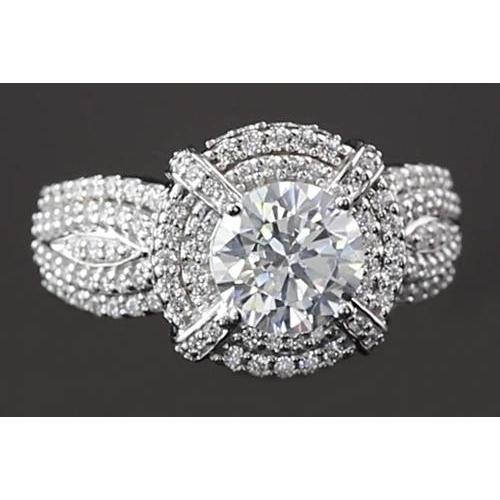 3 Carats Vintage Look Anniversary Ring Round Real Diamond White Gold 14K