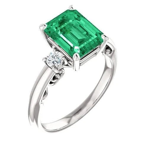 3 Stone 15.50 Ct. Green Emerald With Diamonds Ring Prong Set WG 14K