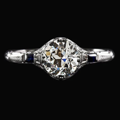 3 Stone Art Deco Jewelry New Old Cut Real Diamond & Blue Sapphires Ring - Three Stone Ring-harrychadent.ca