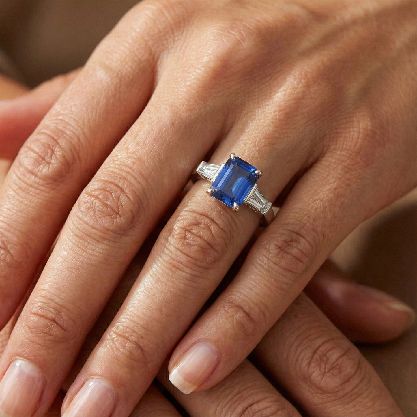 3 Stone Baguette Natural Earth Mined Diamond ( Not Lab Grown ) Sapphire Ring