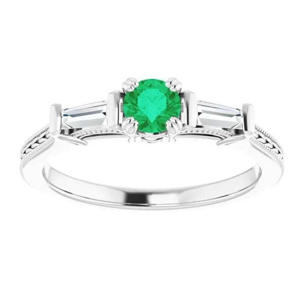 3 Stone Diamond & Green Emerald Ring Antique Style 2 Carats Double Claw Set Jewelry