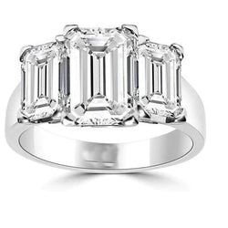 3 Stone Emerald Cut 4 Carats Real Diamonds Anniversary Ring White Gold 14K