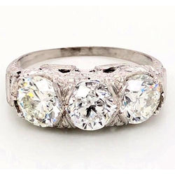 3 Stone Genuine Natural Earth Mined Diamond Ring 4.50 Carats Antique Style Filigree Milgrain