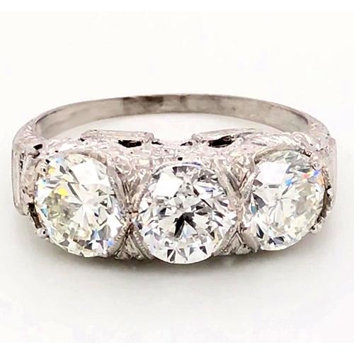 3 Stone Genuine Diamond Ring 4.50 Carats Antique Style Filigree Milgrain
