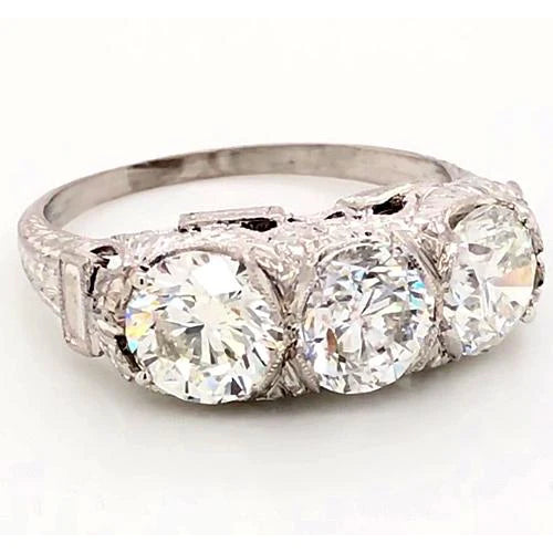 3 Stone Genuine Diamond Ring 4.50 Carats Antique Style Filigree Milgrain