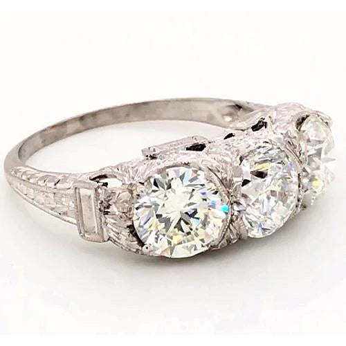3 Stone Genuine Diamond Ring 4.50 Carats Antique Style Filigree Milgrain
