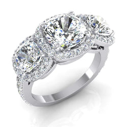 3 Stone Halo Cushion Real Natural Earth Mined Diamond Engagement Ring With Accents 6 Carats