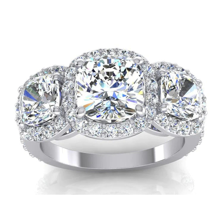 3 Stone Halo Cushion Real Diamond Engagement Ring With Accents 6 Carats