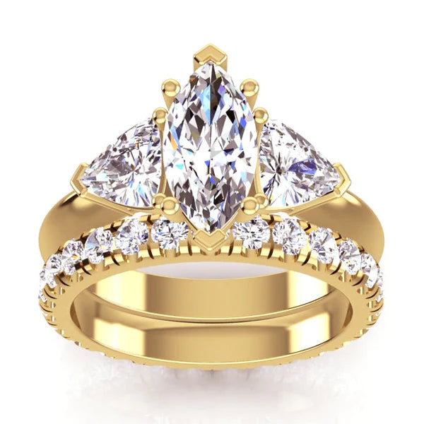 3 Stone Marquise Real Diamond Trillion Ring & Matching Band 3 Carats