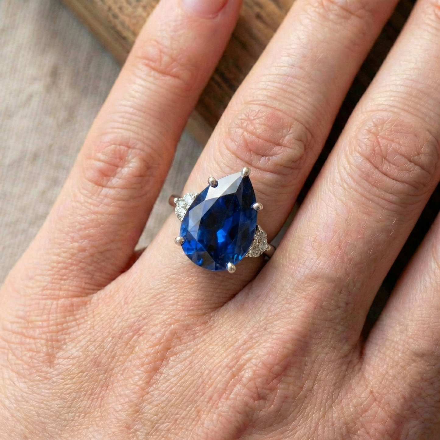 3 Stone Natural Earth Mined Diamond ( Not Lab Grown ) & Blue Sapphire Ring 6.75 Carats Tapered Shank Gold