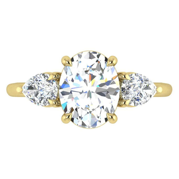 3 Stone Oval Real Diamond Ladys Anniversary Ring Pear Cut Sides