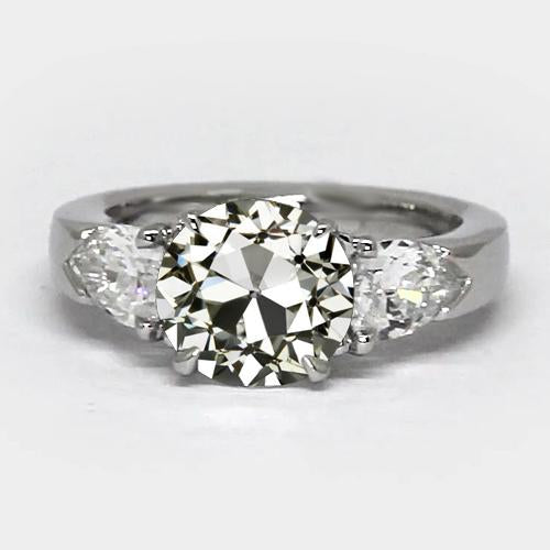 3 Stone Pear & Round Old Mine Cut Real Diamond Ring Prong Set 3 Carats