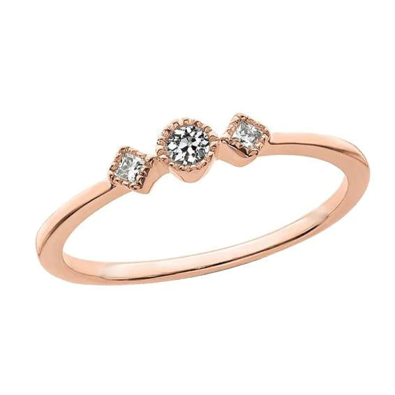 3 Stone Princess & Round Old Mine Cut Real Diamond Ring Rose Gold 1 Carat