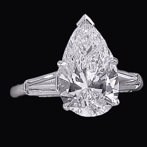 3 Stone Real Diamond Ring 3.50 Carats Pear Center White Gold 14K