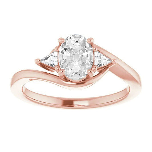 3 Stone Real Trillion & Oval Old Cut Diamond Ring Prong Set 4 Carats