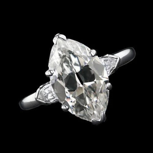 3 Stone Ring Old Cut Marquise Natural Diamond & Tapered Baguettes 5.25 Carats