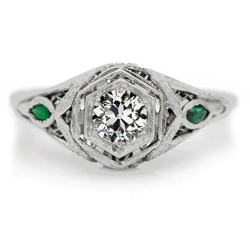 3 Stone Ring Old Mine Cut Diamond & Marquise Emeralds 2 Carats