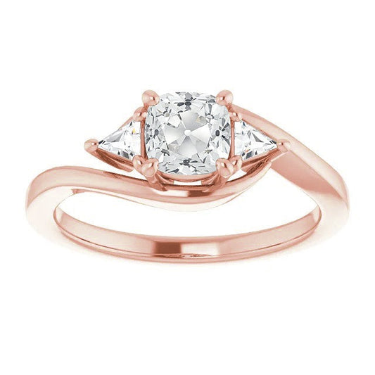 3 Stone Ring Real Cushion Old Mine Cut Diamond Ring Twisted Style 4 Carats