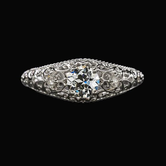 3 Stone Ring Round Old Cut Natural Diamond Filigree Antique Style 1.25 Carats