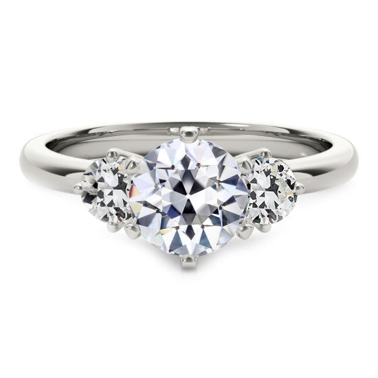 3 Stone Round Real Old Mine Cut Diamond Ring 6 Prong Set 3.50 Carats