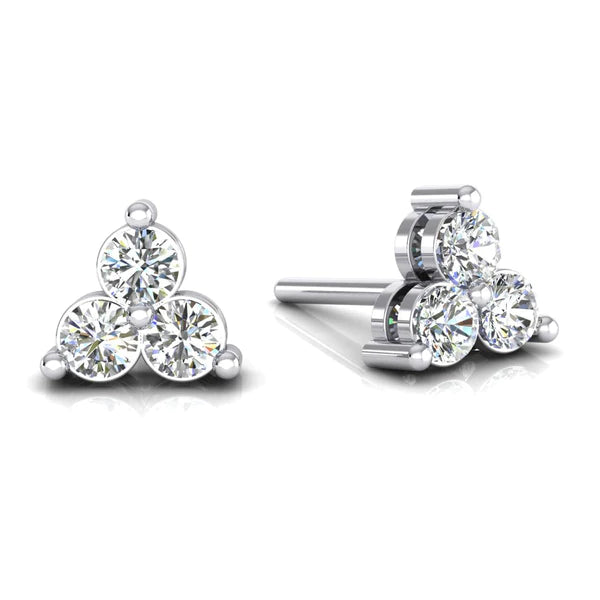 3 Stone Small Real Diamond Stud Earrings 0.85 Carats