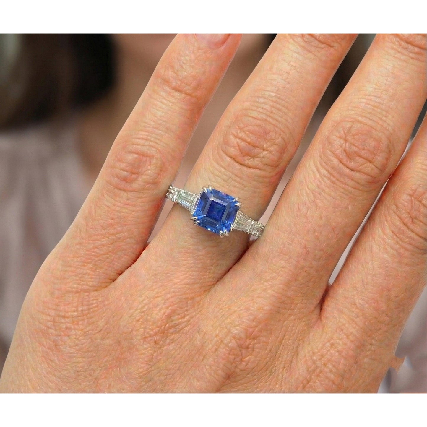 3 Stone Style Asscher Sapphire Ring 3 Carats Baguette & Round Natural Earth Mined Diamond ( Not Lab Grown )s