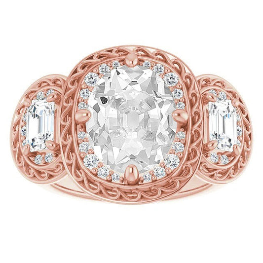 3 Stone Style Halo Oval Old Miner Real Diamond Ring Prong Set 11.50 Carats