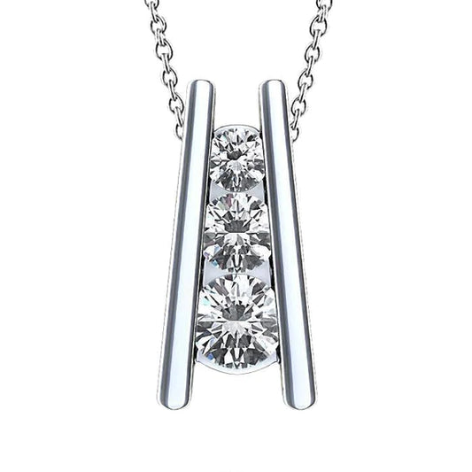 3 Stone Style Pendant Necklace 2.25 Ct. Round Real Diamonds White Gold 14K