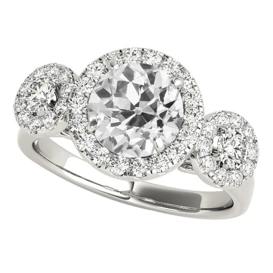 3 Stone Style Round Halo Ring Old Mine Cut Real Diamonds 5 Carats Prong Set