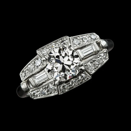 3 Stone Style Round Old Mine Cut Baguette Genuine Diamond Ring 3.50 Carats