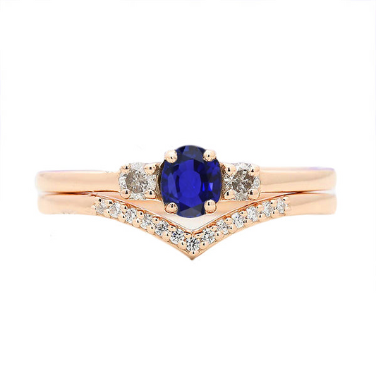 3 Stone Wedding Ring Set Blue Sapphire With Diamond Band