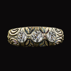 3 Carats Antique Style Three Stone Old Miner Lab Grown Diamond Band Yellow Gold