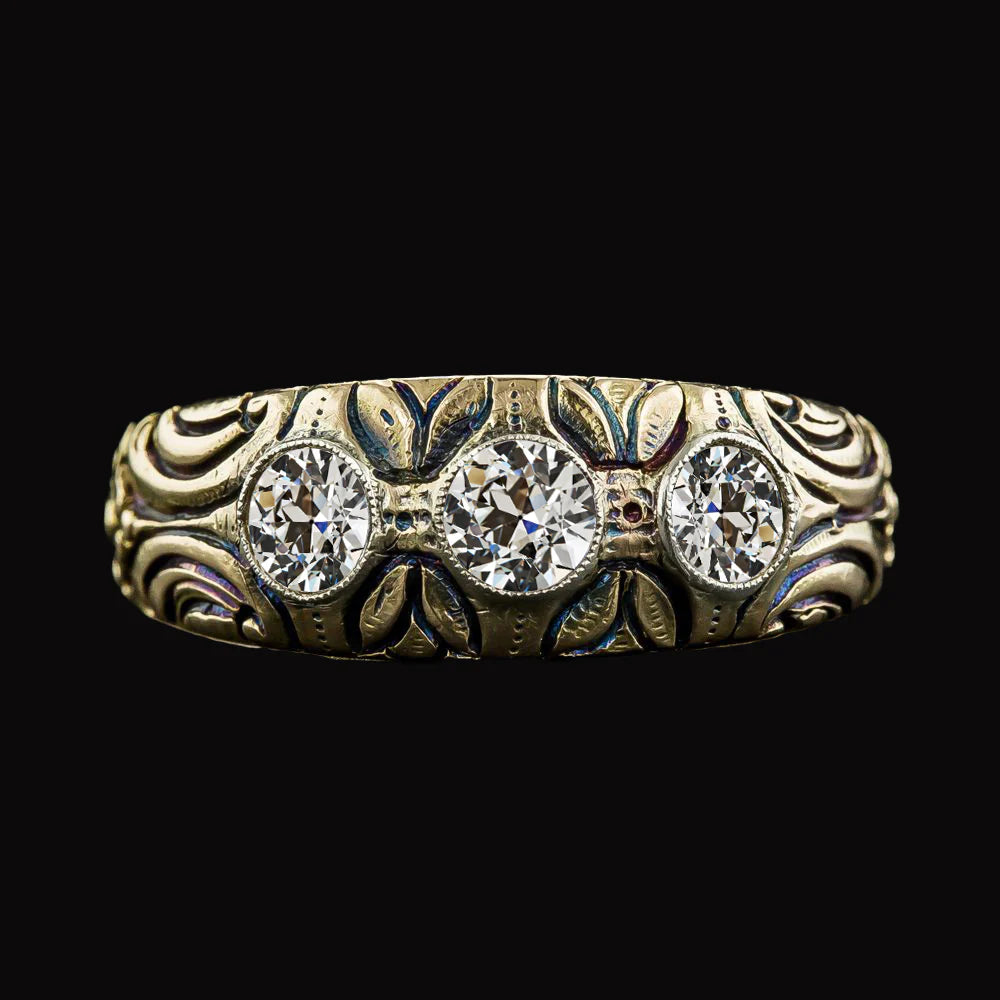 3 Carats Antique Style Three Stone Old Miner Lab Grown Diamond Band Yellow Gold