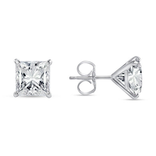 3.00 Carats Real Natural Earth Mined Diamonds Ladies Studs Earrings Princess Cut White Gold 14K