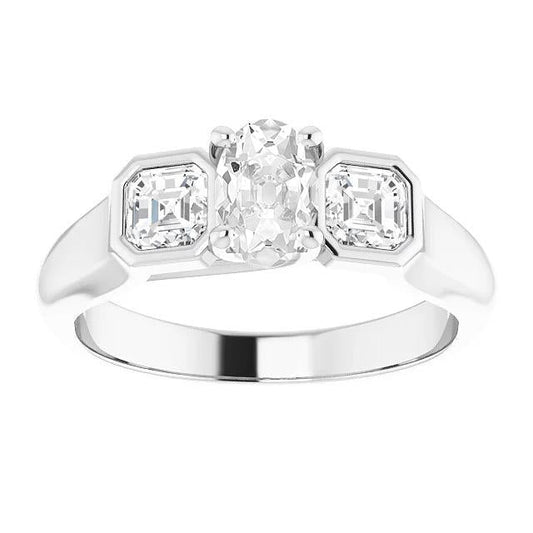 3 Stone Ring Asscher & Oval Old Cut Natural Diamond Prong Bezel Set 4 Carats