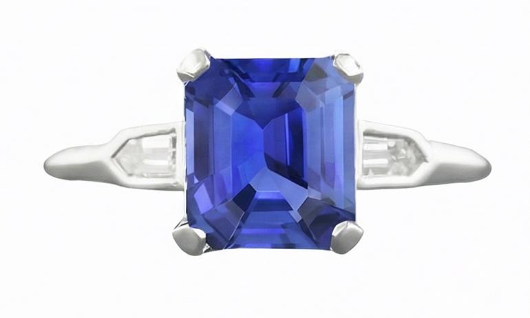 3 Stone Sapphire Ring Emerald Cut Tapered Baguette Natural Earth Mined Diamonds 3 Carats