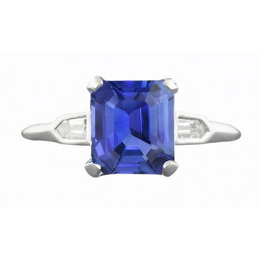 3 Stone Sapphire Ring Emerald Cut Tapered Baguette Natural Earth Mined Diamonds 3 Carats