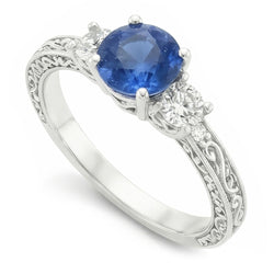 3 Stone Style 2.60 Carats Sri Lankan Sapphire And Diamonds Ring WG 14K