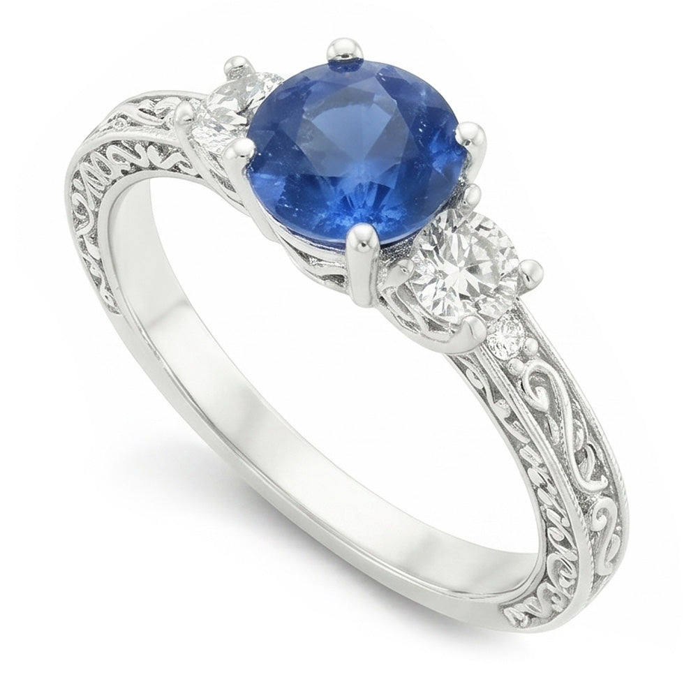 3 Stone Style 2.60 Carats Sri Lankan Sapphire And Diamonds Ring WG 14K