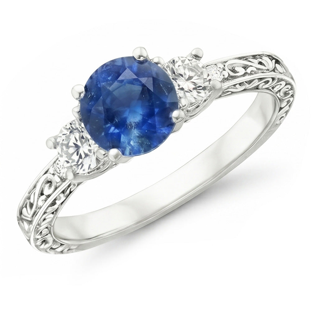 3 Stone Style 2.60 Carats Sri Lankan Sapphire And Diamonds Ring WG 14K