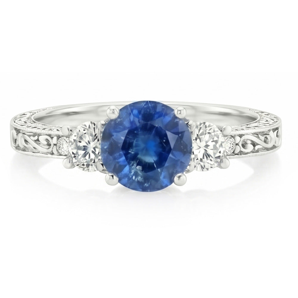 3 Stone Style 2.60 Carats Sri Lankan Sapphire And Diamonds Ring WG 14K
