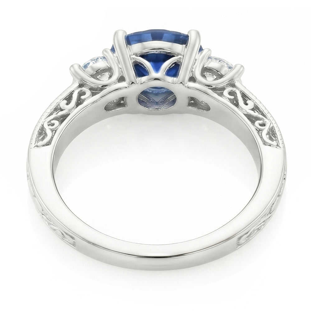 3 Stone Style 2.60 Carats Sri Lankan Sapphire And Diamonds Ring WG 14K