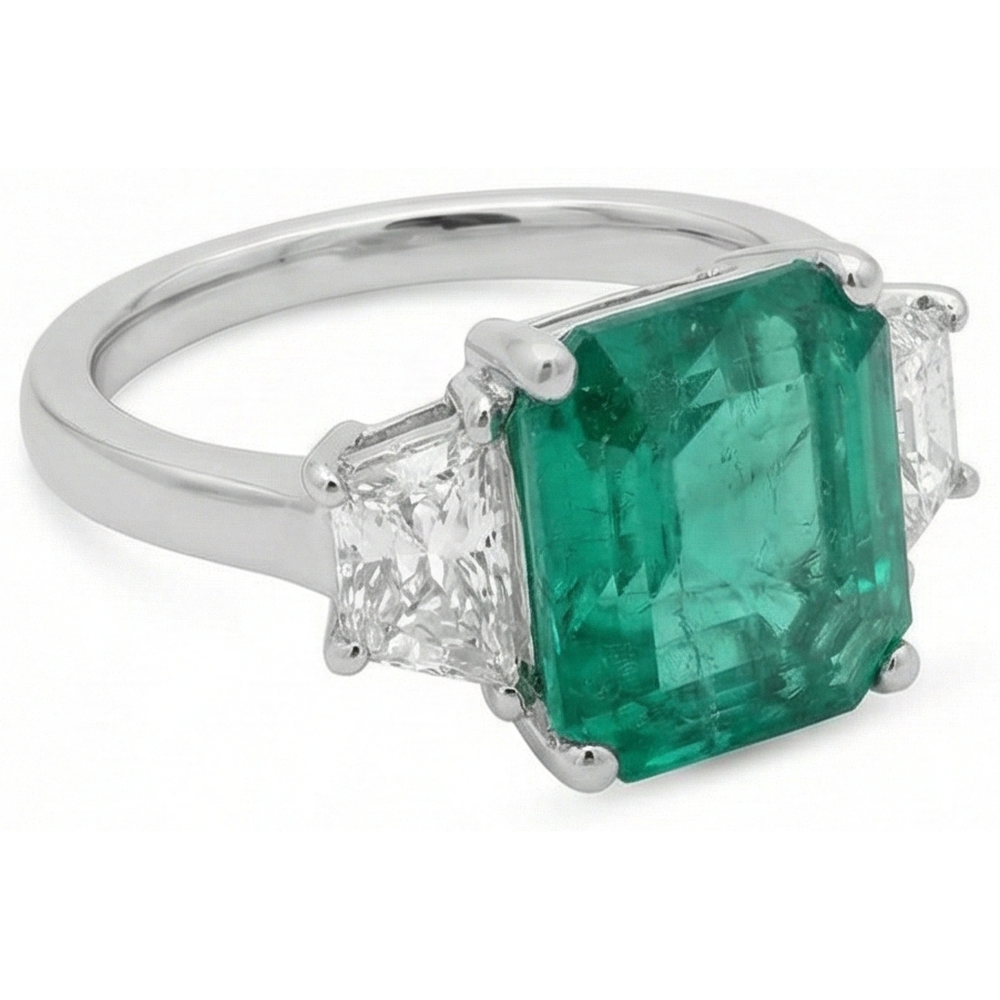 4.25 Carats Green Emerald Natural Earth Mined Diamond ( Not Lab Grown )  Three Stone Ring White Gold 14K New