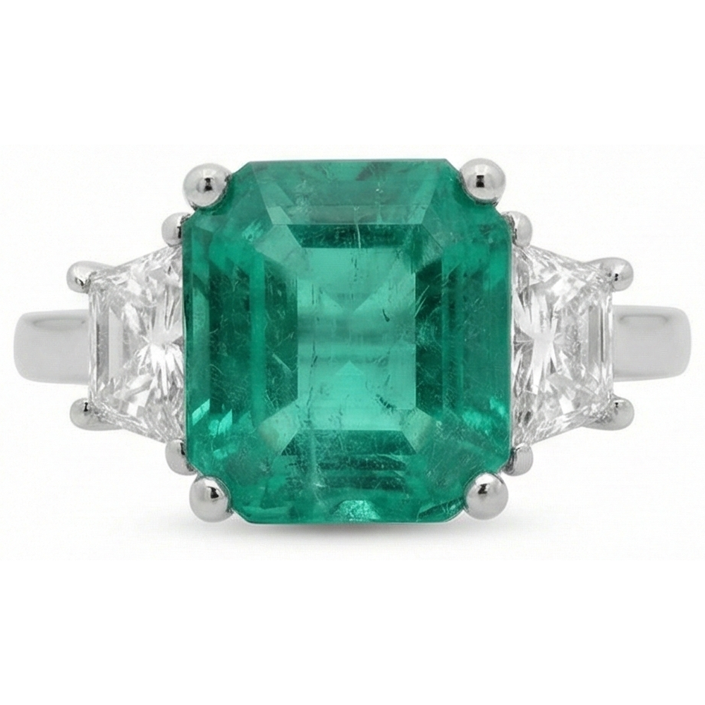 4.25 Carats Green Emerald Natural Earth Mined Diamond ( Not Lab Grown )  Three Stone Ring White Gold 14K New