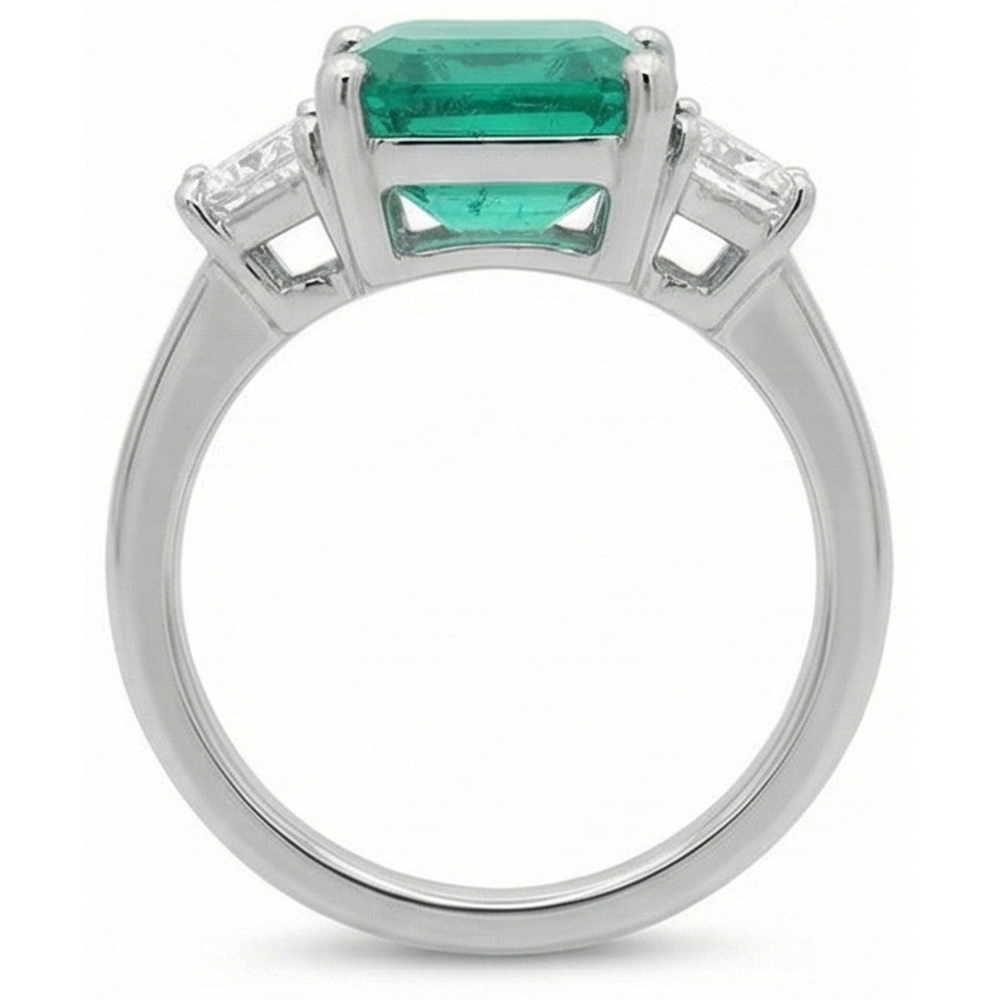 4.25 Carats Green Emerald Natural Earth Mined Diamond ( Not Lab Grown )  Three Stone Ring White Gold 14K New