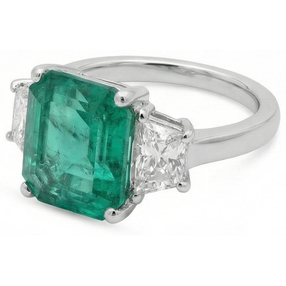 4.25 Carats Green Emerald Natural Earth Mined Diamond ( Not Lab Grown )  Three Stone Ring White Gold 14K New