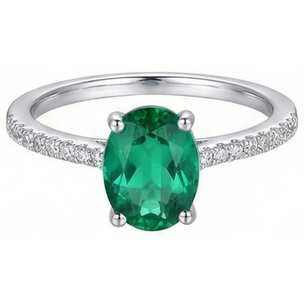 4.25 Carats Oval Cut Green Emerald And Natural Earth Mined Diamond Ring White Gold 14K