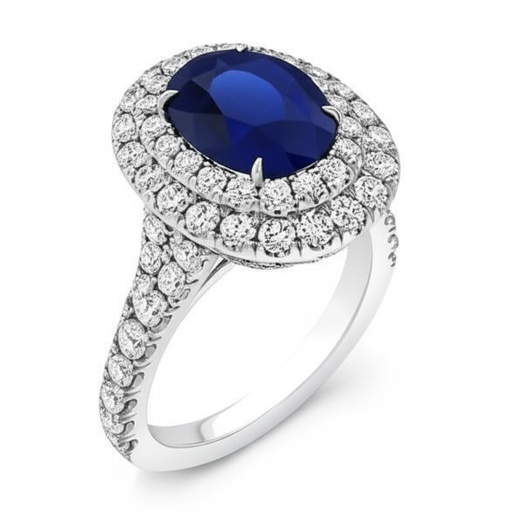 4.25 Carats Solitaire With Accent Sapphire Natural Earth Mined Diamonds Ring White Gold
